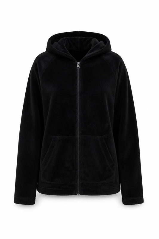 Front view of Mountain Warehouse women’s black fleece full zip hoodie uk 8