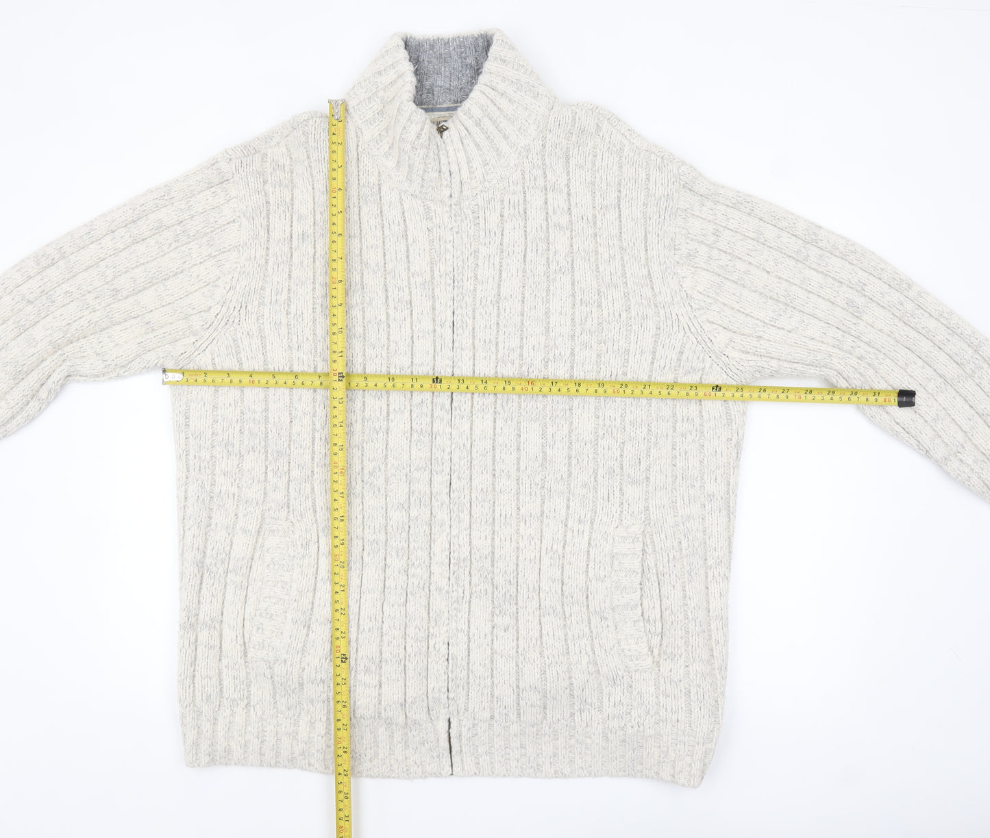 Marks and Spencer North Coast Men's Beige 2XL Full Zip Cable-Knit Jumper