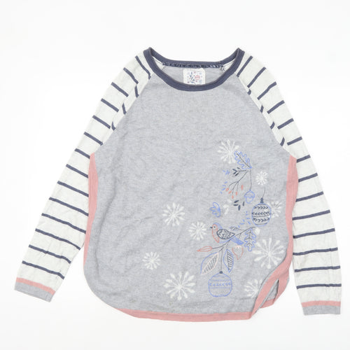 Mantaray Women Grey Embroidered Bird Striped Jumper Size 14