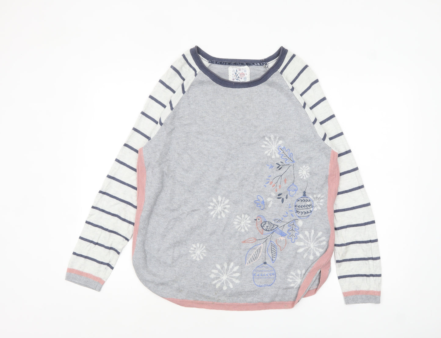 Mantaray Women Grey Embroidered Bird Striped Jumper Size 14
