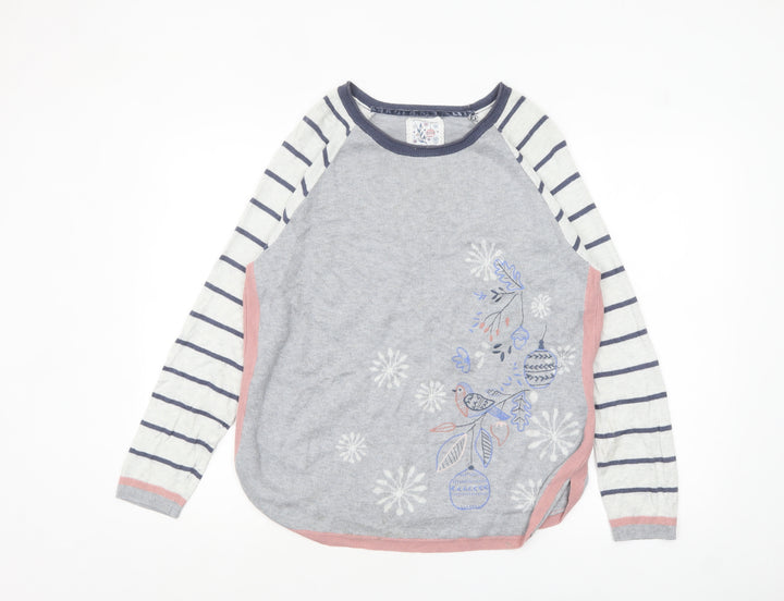 Mantaray Women Grey Embroidered Bird Striped Jumper Size 14