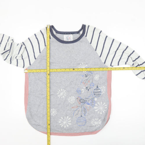 Mantaray Women Grey Embroidered Bird Striped Jumper Size 14