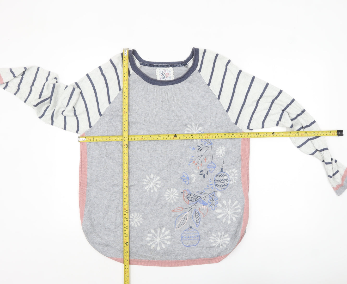Mantaray Women Grey Embroidered Bird Striped Jumper Size 14