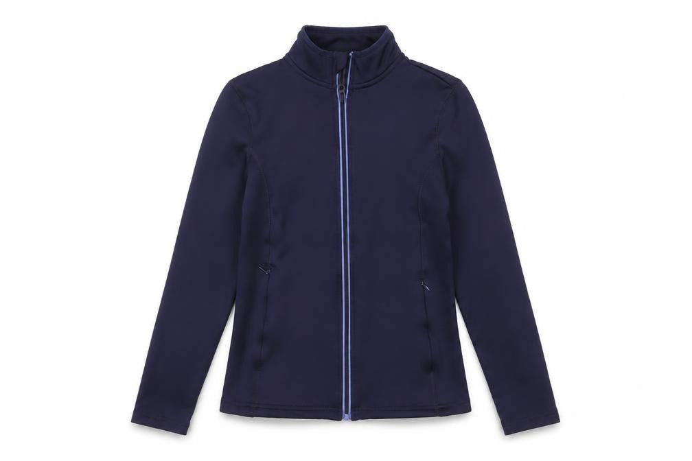 Front view of Crivit Women’s Blue Softshell Jacket, size UK 12, Lightweight Zip Style
