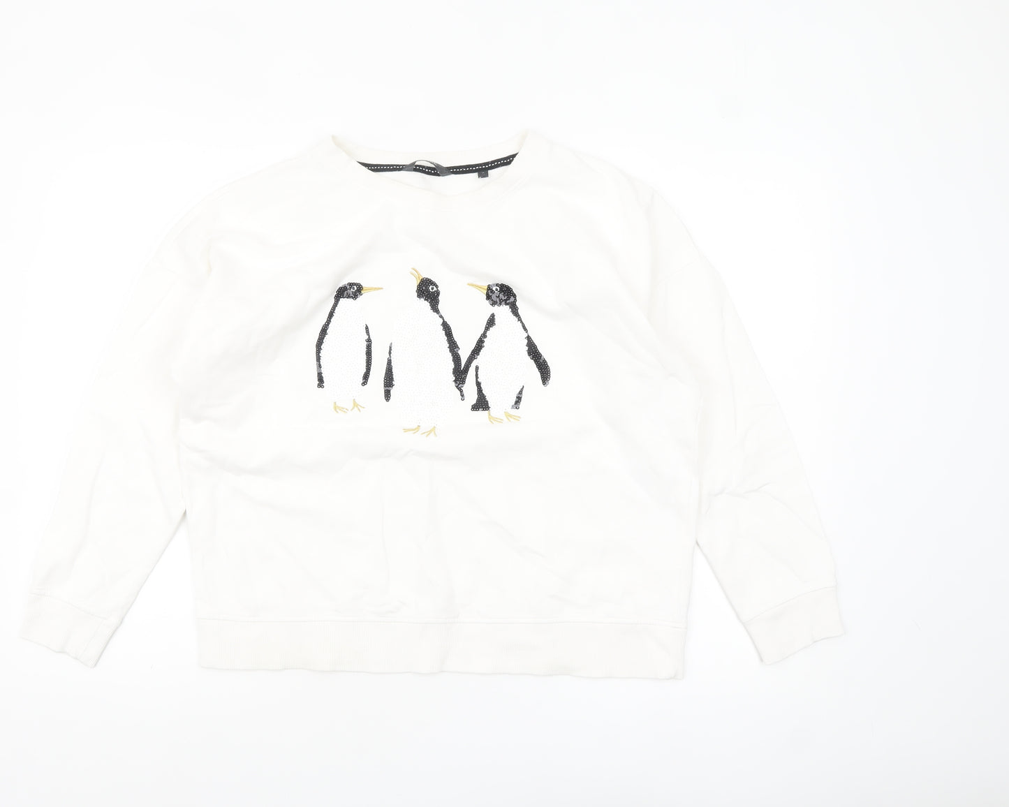 Next Women Ivory Sequin Penguin Sweatshirt Size 14 Relaxed Fit