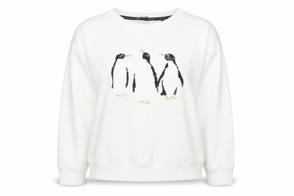 Front view of Next Women Ivory Sequin Penguin Sweatshirt, size 14, Relaxed Fit