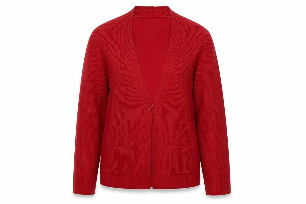 Front view of Adagio Women's Red V-Neck Cardigan, size 12, Cotton Blend