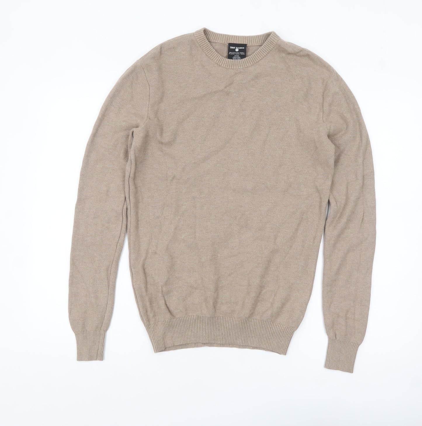 True Classic Men's Beige Cotton Crew Neck Pullover Jumper M