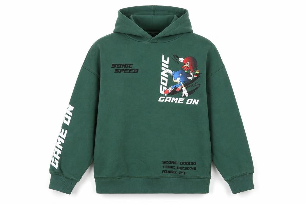 Front view of Next boys’ green sonic the hedgehog pullover hoodie 11 years cotton blend