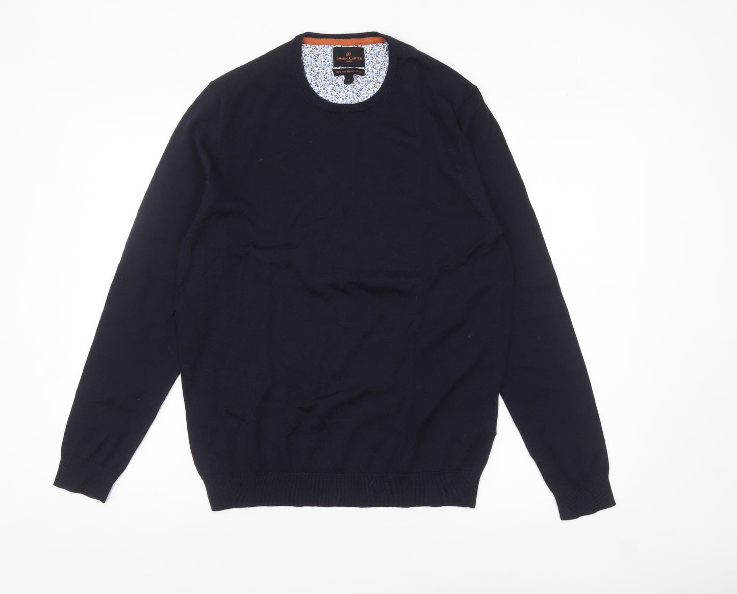 Simon Carter Men's Blue Merino Wool Crew Neck Jumper Size M