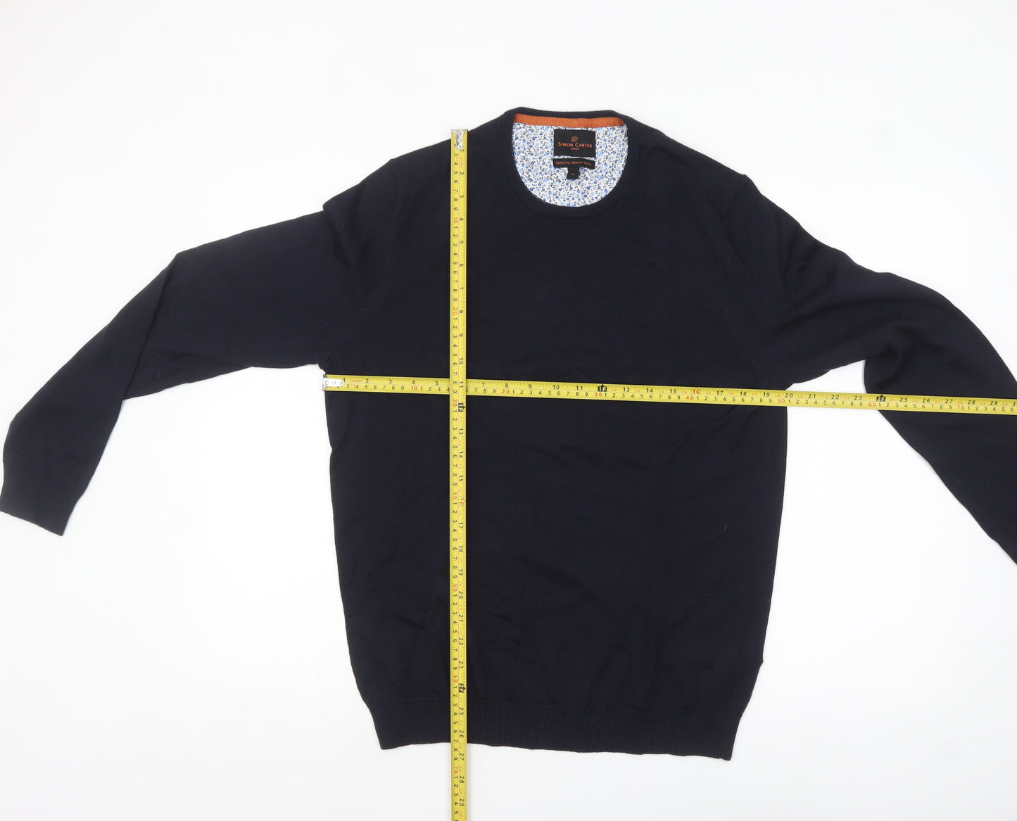Simon Carter Men's Blue Merino Wool Crew Neck Jumper Size M