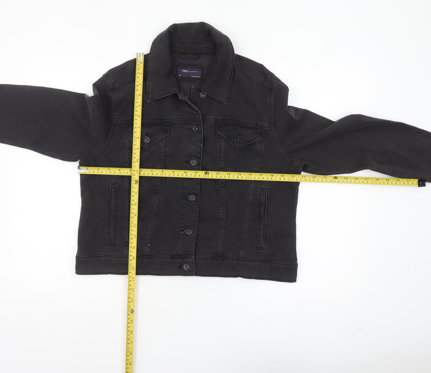 Marks and Spencer Women's Black Denim Jacket Size 16 Buttoned Classic Style