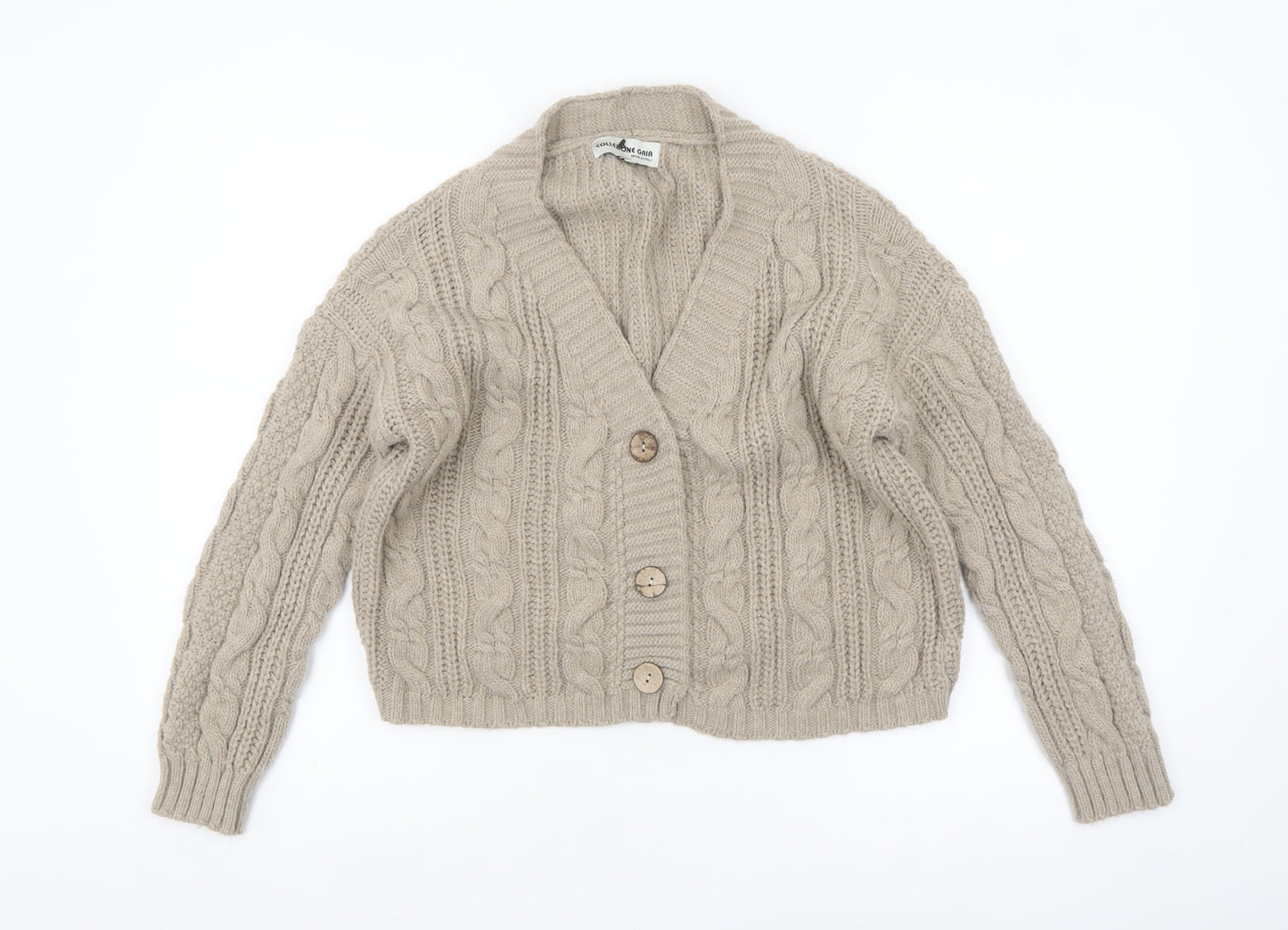Collezione Gaia Women Beige Wool Cable Knit Cardigan S