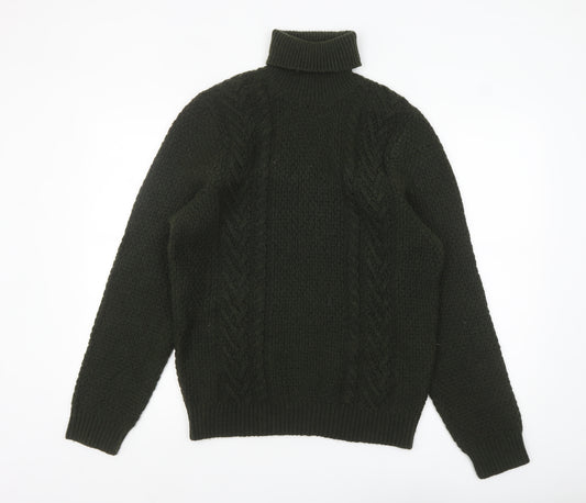 Marks and Spencer Men's Green Roll Neck Cable-Knit Wool Blend Jumper Size M