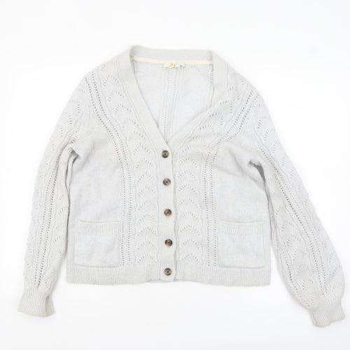 Boden Women Grey Cable-Knit Cardigan Size S V-Neck Wool Blend