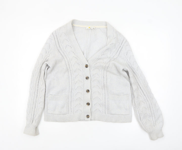 Boden Women Grey Cable-Knit Cardigan Size S V-Neck Wool Blend