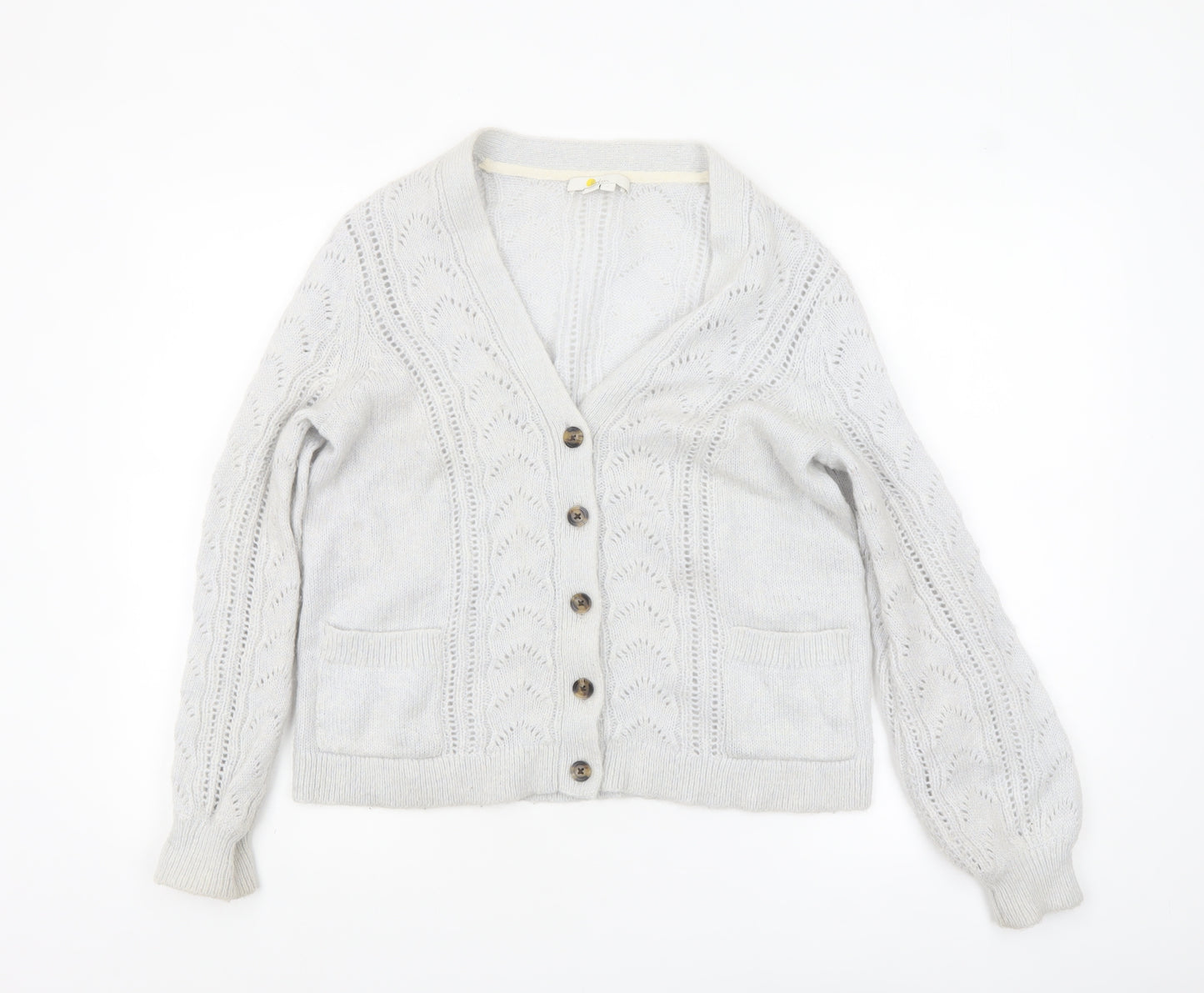 Boden Women Grey Cable-Knit Cardigan Size S V-Neck Wool Blend