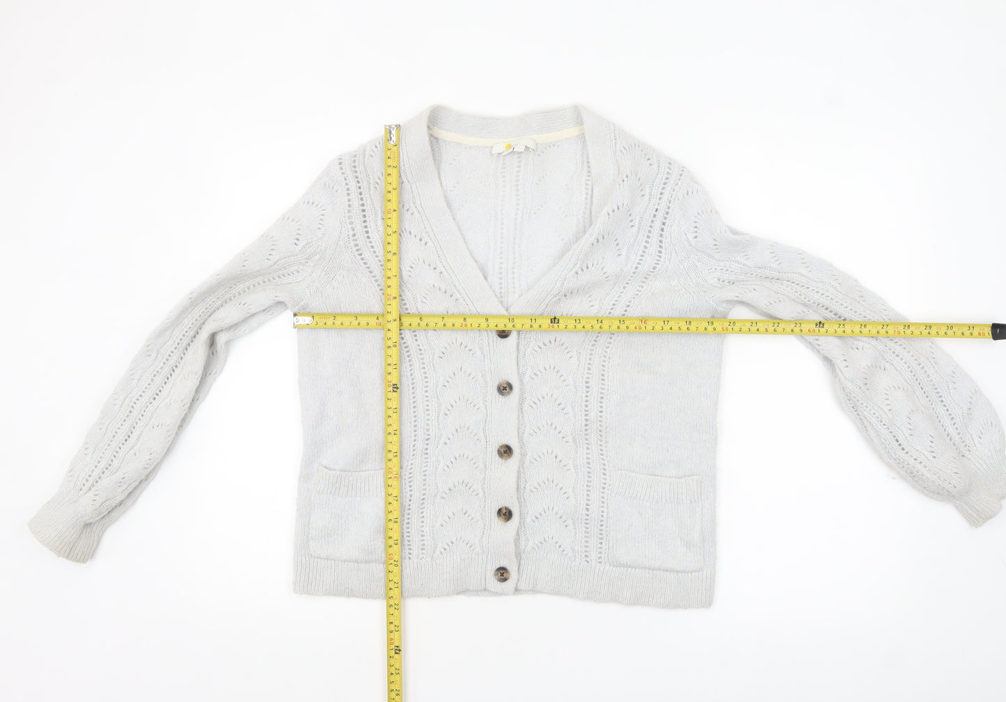 Boden Women Grey Cable-Knit Cardigan Size S V-Neck Wool Blend
