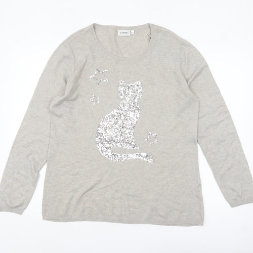Canda Women's Beige Sequin Cat Pullover Jumper Size M