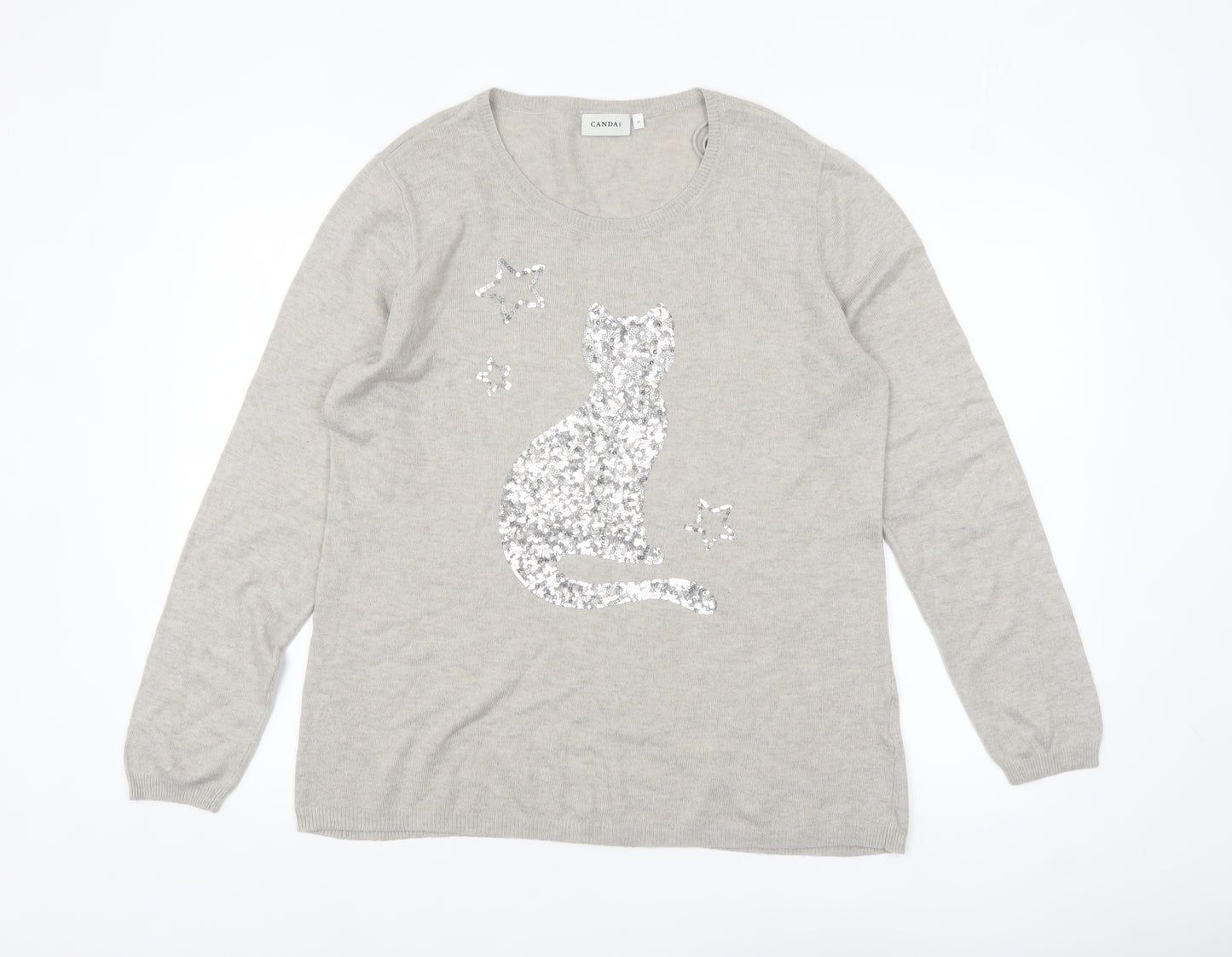 Canda Women's Beige Sequin Cat Pullover Jumper Size M