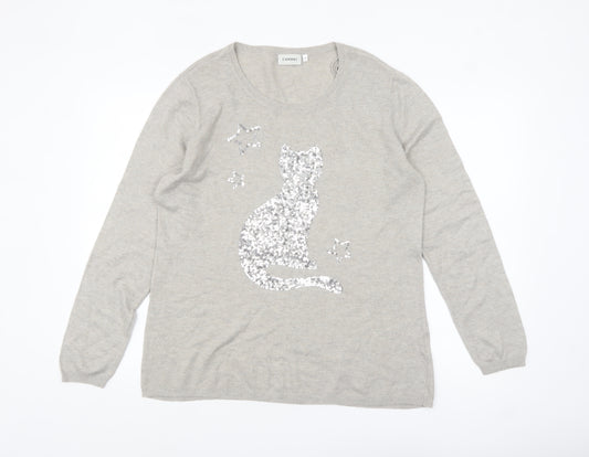 Canda Women's Beige Sequin Cat Pullover Jumper Size M