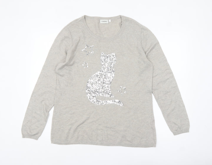 Canda Women's Beige Sequin Cat Pullover Jumper Size M