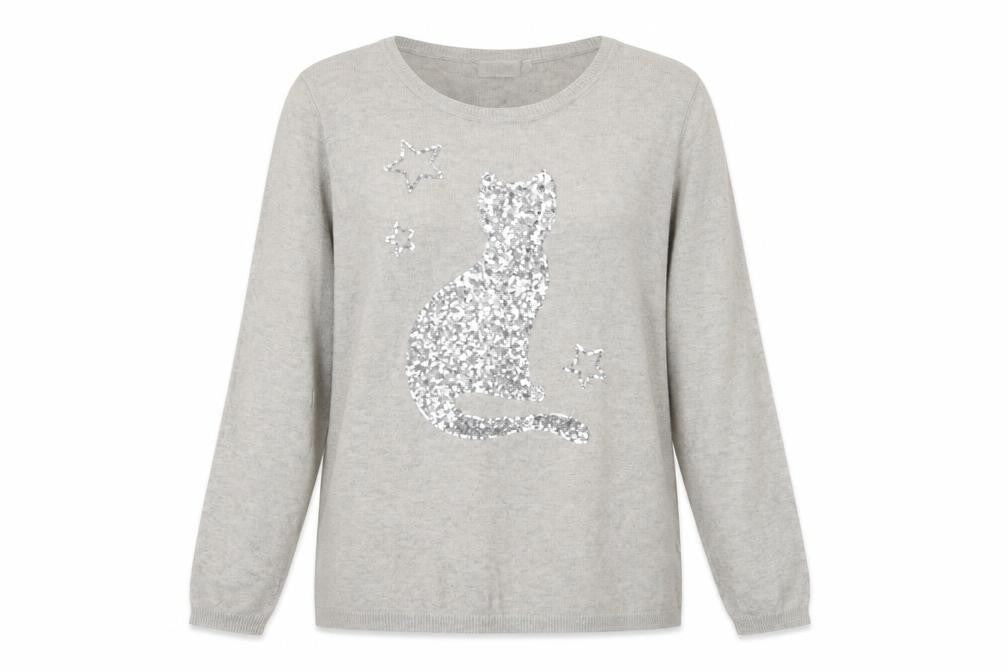 Canda Women's Beige Sequin Cat Pullover Jumper Size M