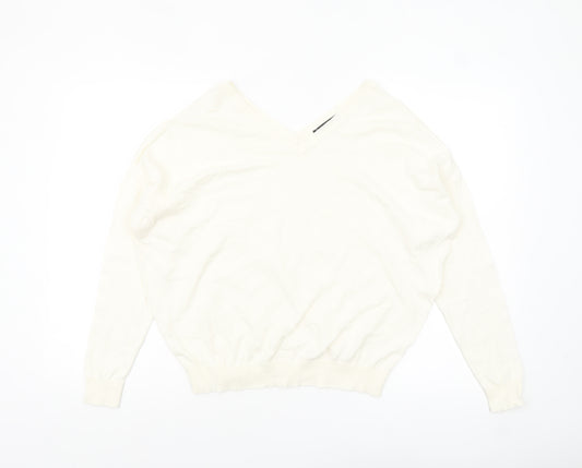 Mango Women Ivory V-Neck Cotton Knit Long Sleeve Jumper Size 12
