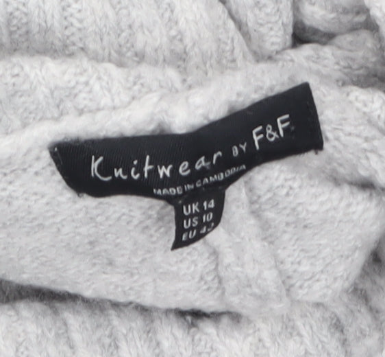 F&F Womens Grey Cowl Neck Chunky Knit Pullover Jumper Size 14