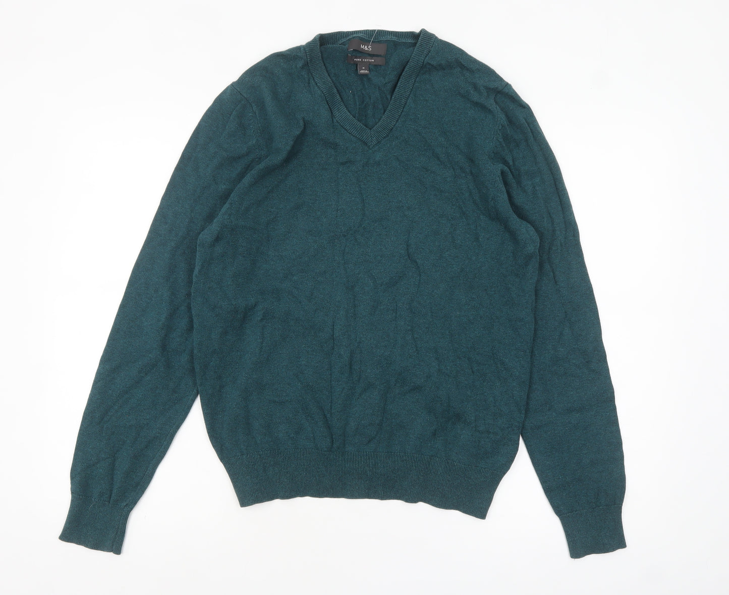 Marks and Spencer Men's Green V-Neck Cotton Jumper Size M