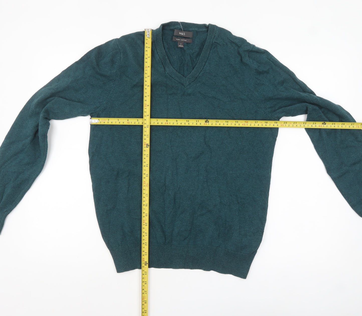 Marks and Spencer Men's Green V-Neck Cotton Jumper Size M