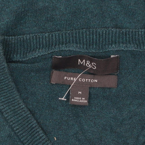 Marks and Spencer Men's Green V-Neck Cotton Jumper Size M