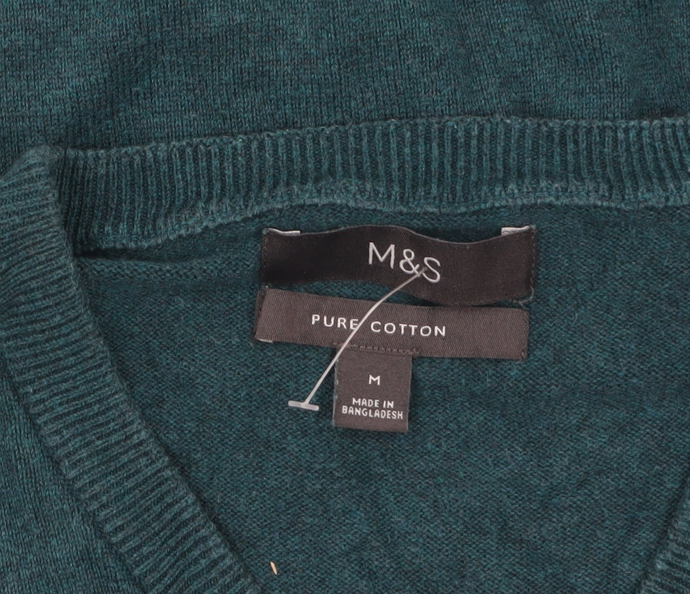 Marks and Spencer Men's Green V-Neck Cotton Jumper Size M