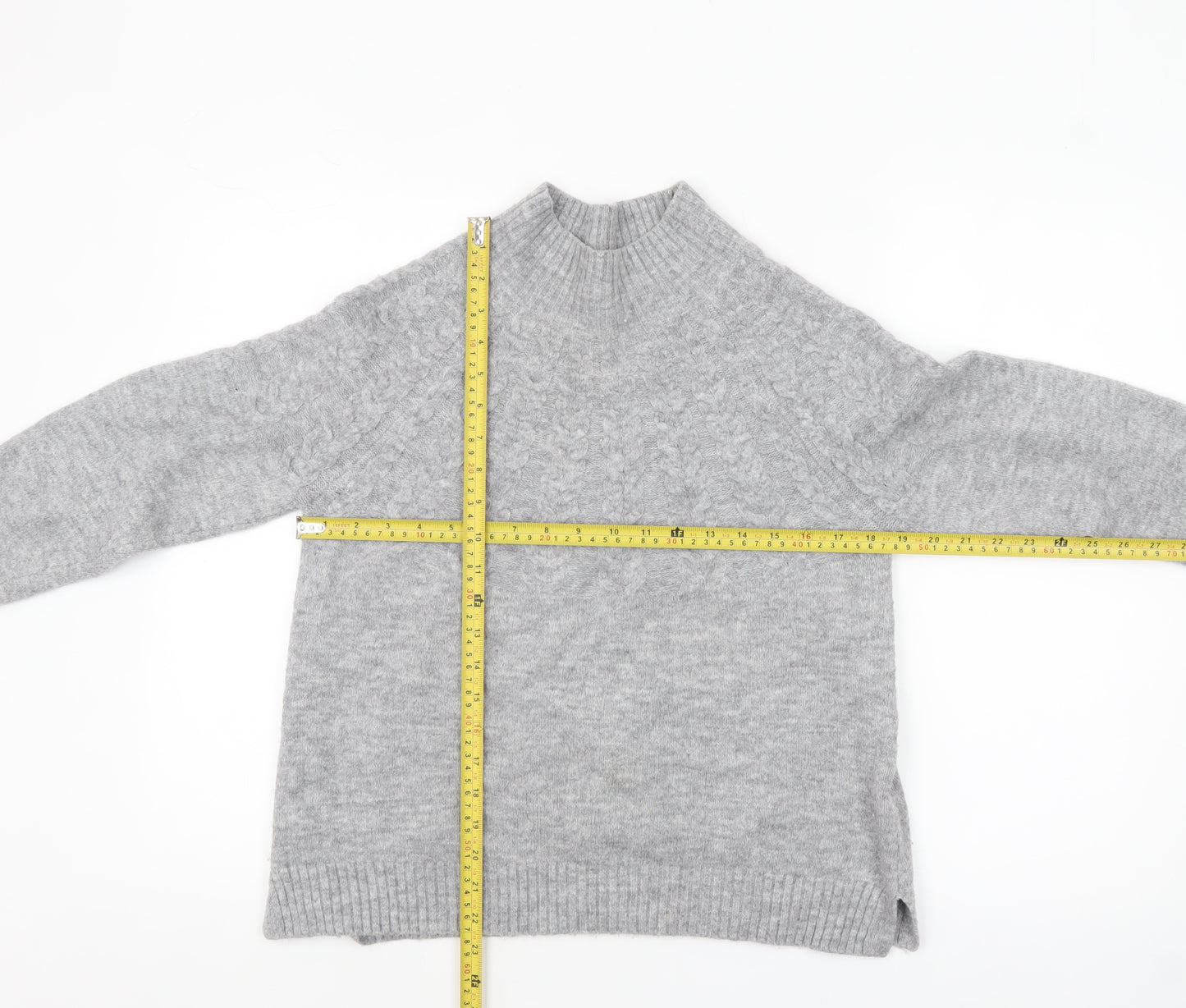 Tu Women Grey Mock Neck Cable-Knit Jumper Size 12