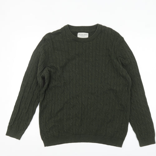 Racing Green Men’s Green Cable-Knit Cotton Jumper Size L