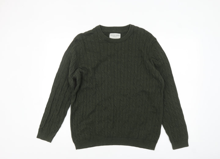 Racing Green Men’s Green Cable-Knit Cotton Jumper Size L