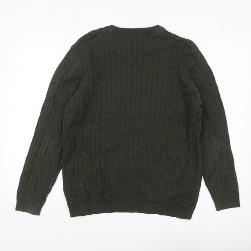 Racing Green Men’s Green Cable-Knit Cotton Jumper Size L