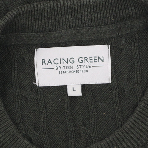 Racing Green Men’s Green Cable-Knit Cotton Jumper Size L