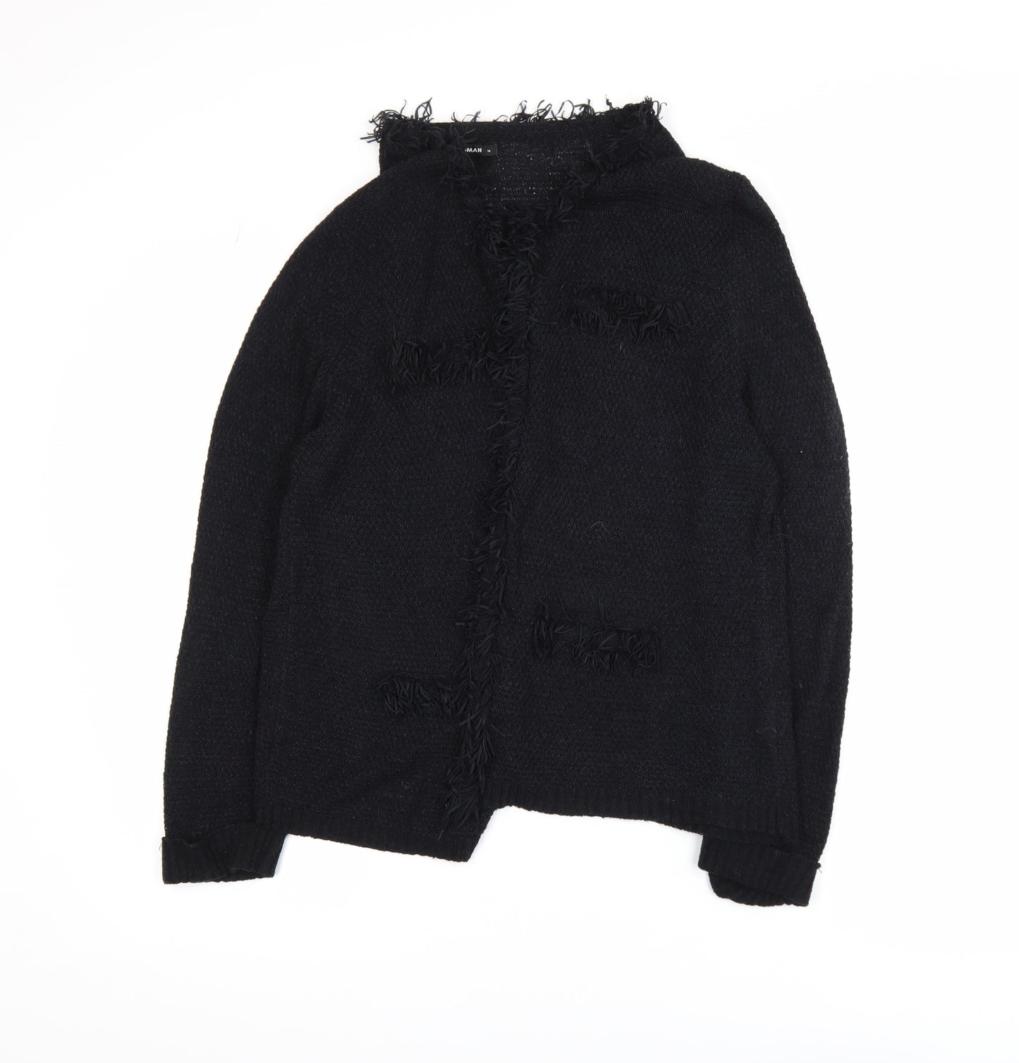 Roman Women Black Size 14 Fringed Open-Knit Long Sleeve Cardigan