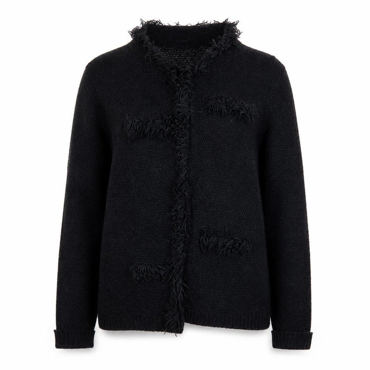 Roman Women Black Size 14 Fringed Open-Knit Long Sleeve Cardigan