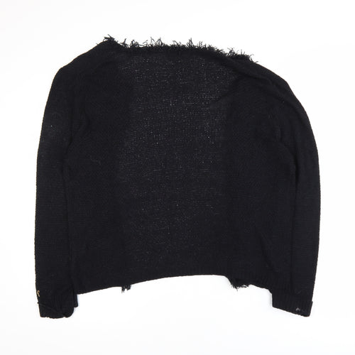 Roman Women Black Size 14 Fringed Open-Knit Long Sleeve Cardigan