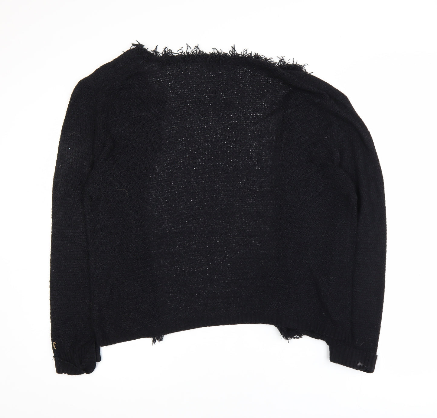 Roman Women Black Size 14 Fringed Open-Knit Long Sleeve Cardigan
