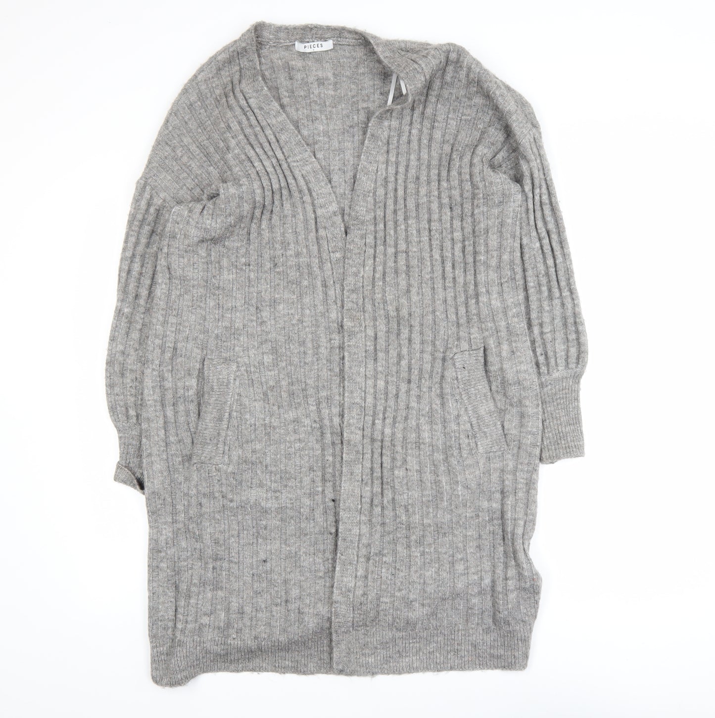 Pieces Women Grey Long Ribbed Cardigan S Open Knit Casual