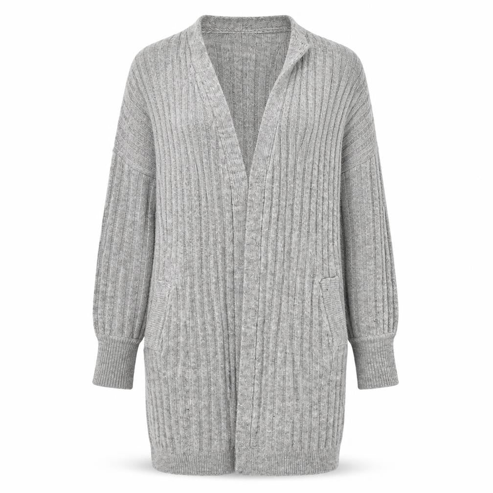 Pieces Women Grey Long Ribbed Cardigan S Open Knit Casual
