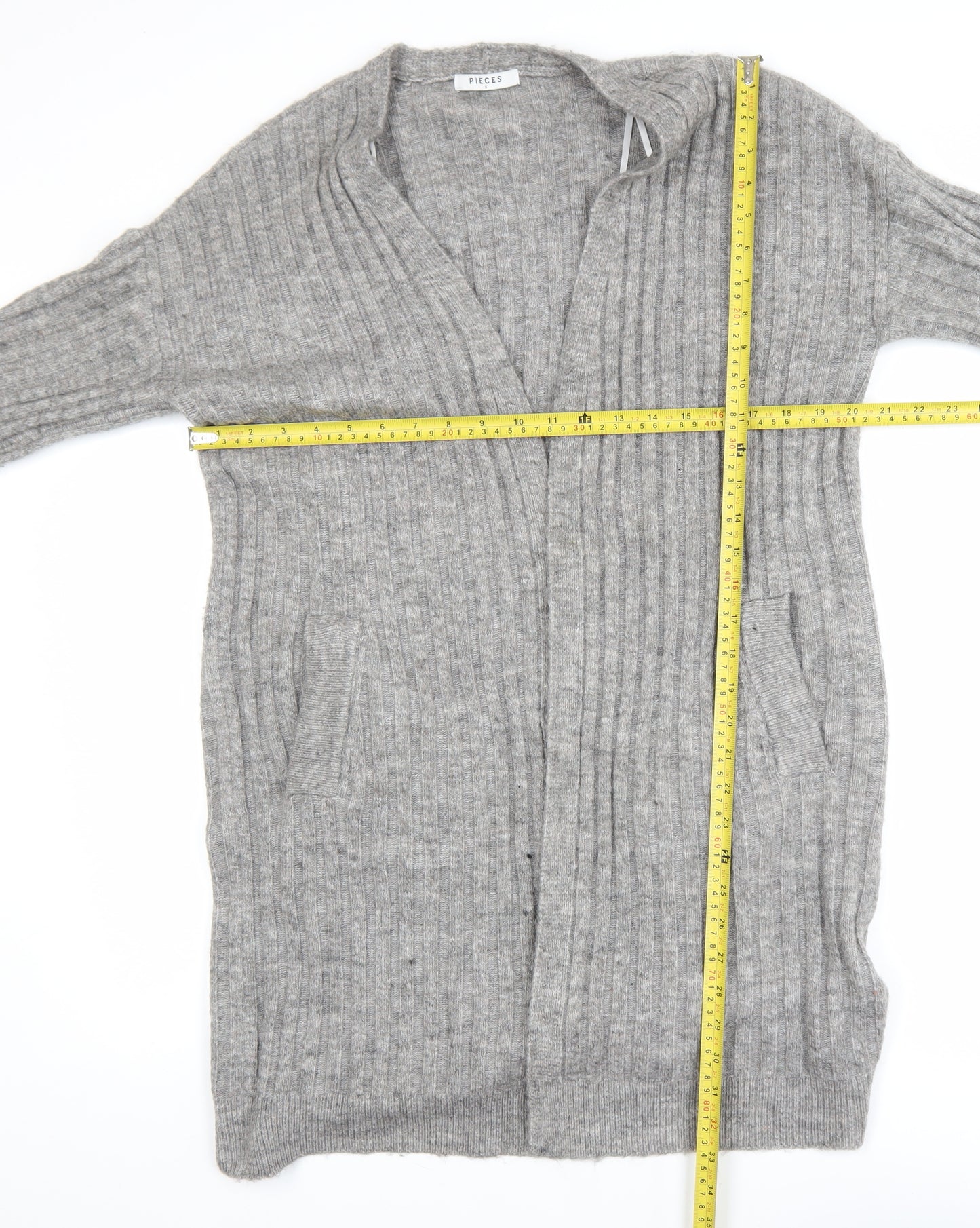 Pieces Women Grey Long Ribbed Cardigan S Open Knit Casual