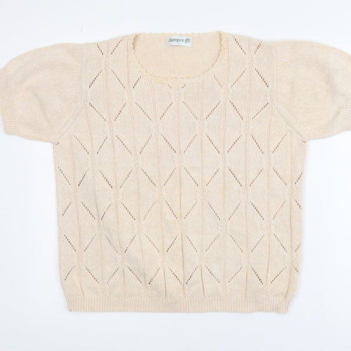 Jumper Women Beige L Short Sleeve Cotton Open-Knit Pullover