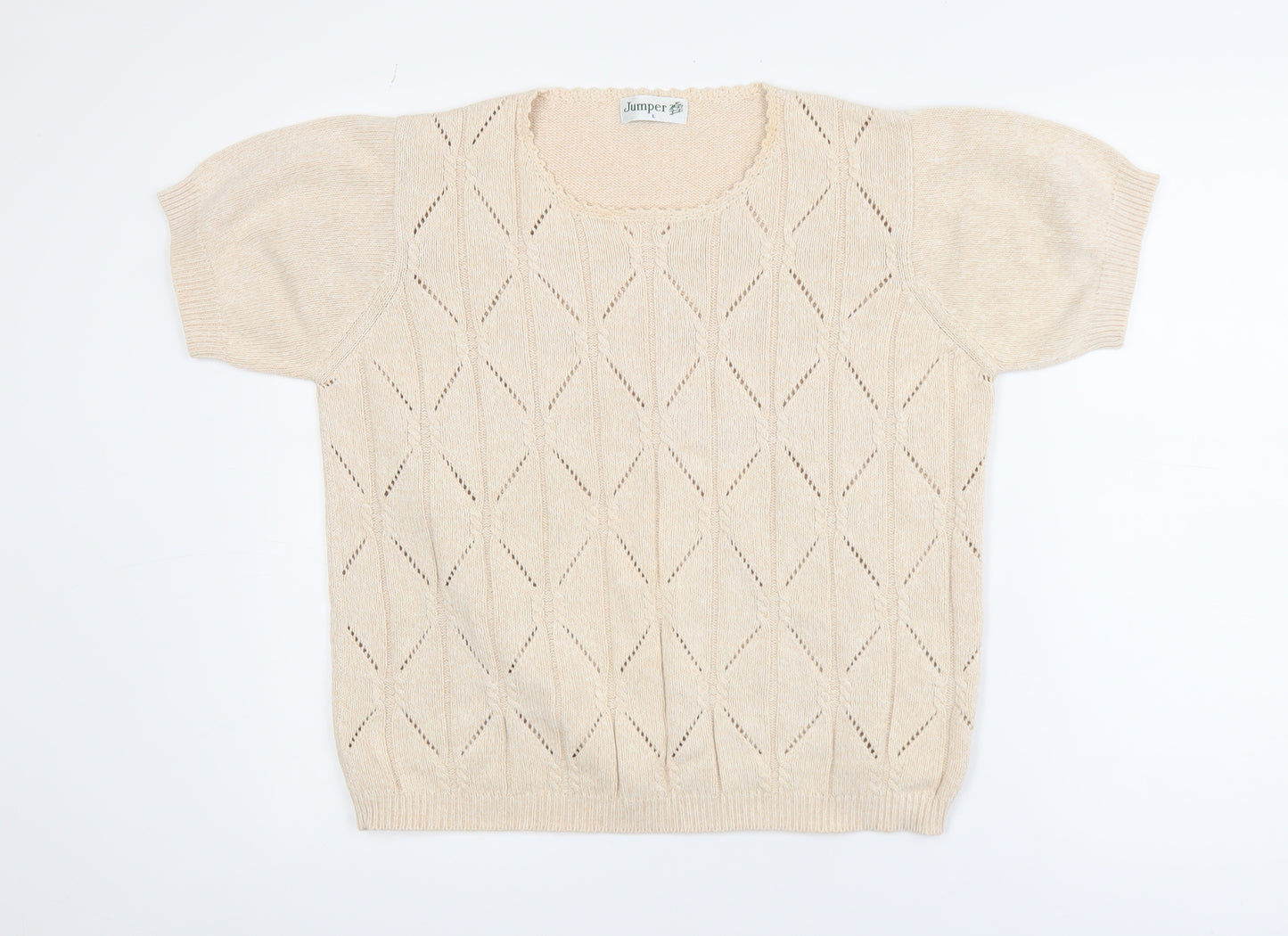 Jumper Women Beige L Short Sleeve Cotton Open-Knit Pullover
