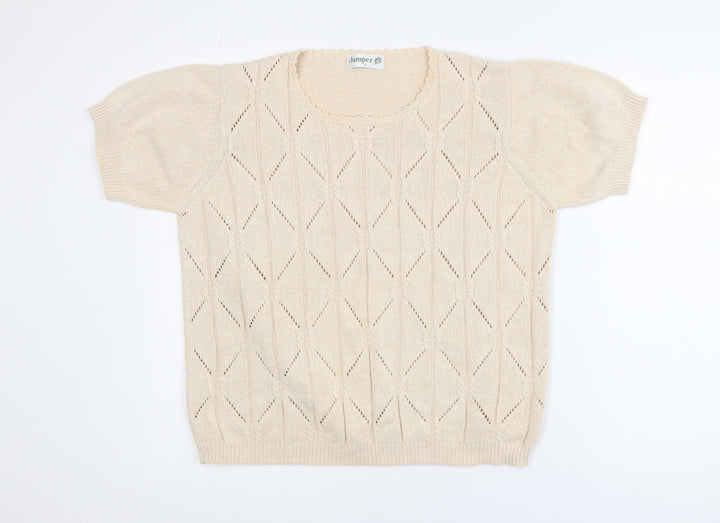 Jumper Women Beige L Short Sleeve Cotton Open-Knit Pullover