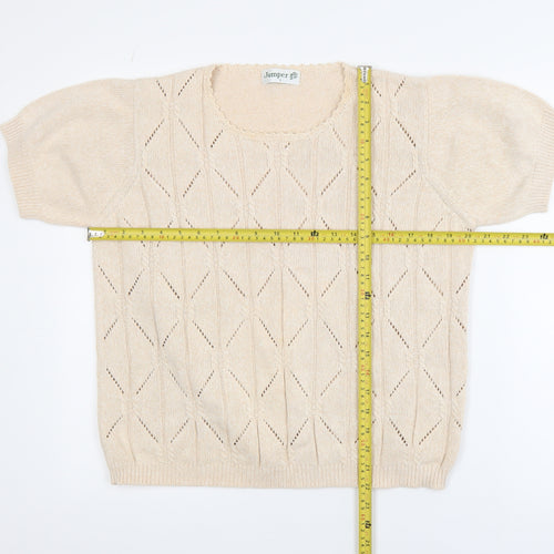Jumper Women Beige L Short Sleeve Cotton Open-Knit Pullover