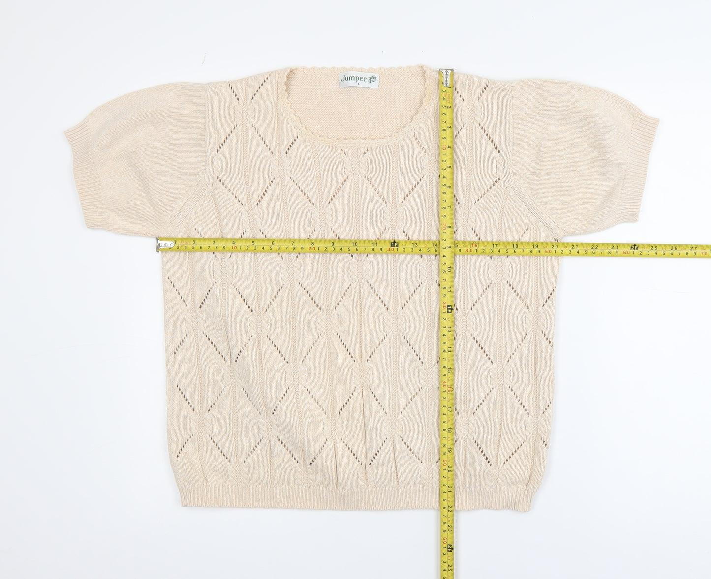 Jumper Women Beige L Short Sleeve Cotton Open-Knit Pullover